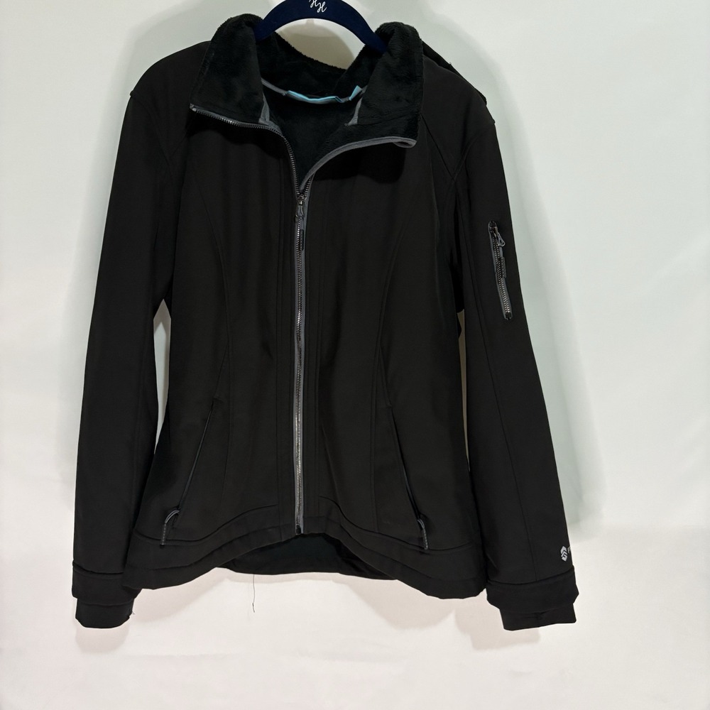 Free Country Softshell Windbreaker Jacket Womens XL Black Faux Fur Lined Hooded